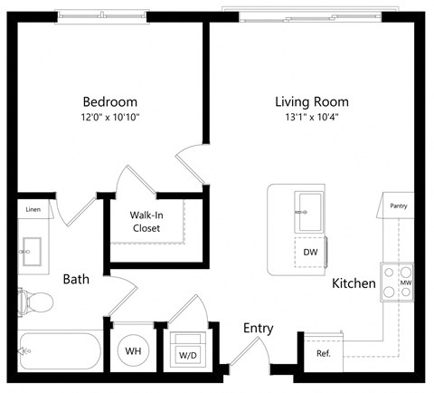 Floor plan for 1 bed, 1 bath, 607 sqft